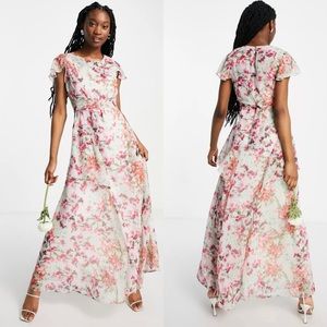 ASOS Hope & Ivy Eimear Flutter Sleeve Ruffle Maxi Dress Cream Fuchsia floral 10